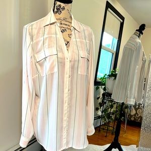 Sheer pink, gray & white strip button down top